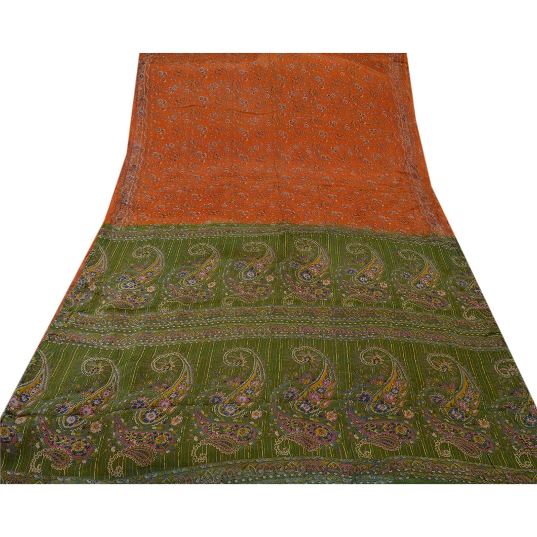 Sanskriti Vintage Indian Floral Printed Saree Silk Blend Craft Fabric Orange 5 Yard Sari