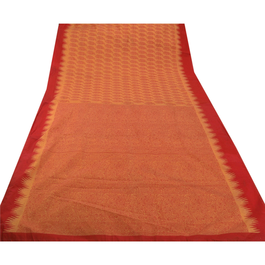 Sanskriti Vintage Indian Floral Painted Saree 100% Pure Silk Craft Fabric Cream Sari