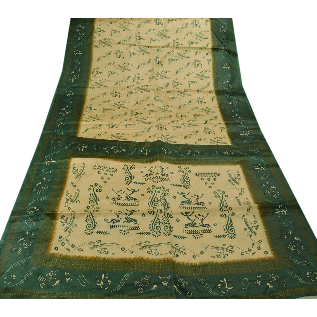 Sanskriti Vintage Indian Art Silk Saree Cream Printed Sari Craft Decor Fabric