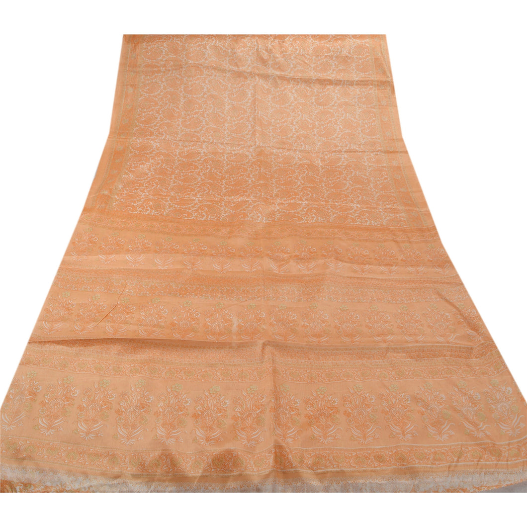 Sanskriti Vintage Art Silk Saree Cream Printed Sari Craft Decor 5 Yard Fabric