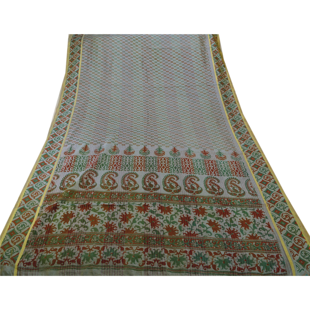 Sanskriti Vintage Art Silk Saree Grey Painted Sari Craft Decor 5 Yard Fabric