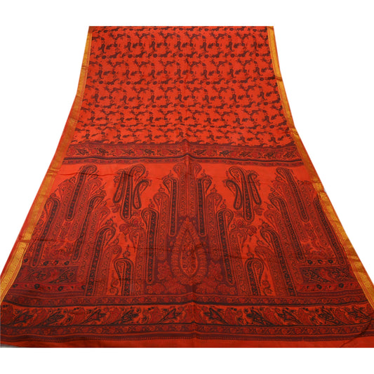 Sanskriti Vintage Printed Saree Art Silk Craft Orange Sustainable Fabric Zari Border Sari