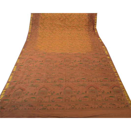 Sanskriti Vintage Printed Saree Art Silk Craft Yellow Sustainable Fabric Zari Border Ethnic Sari