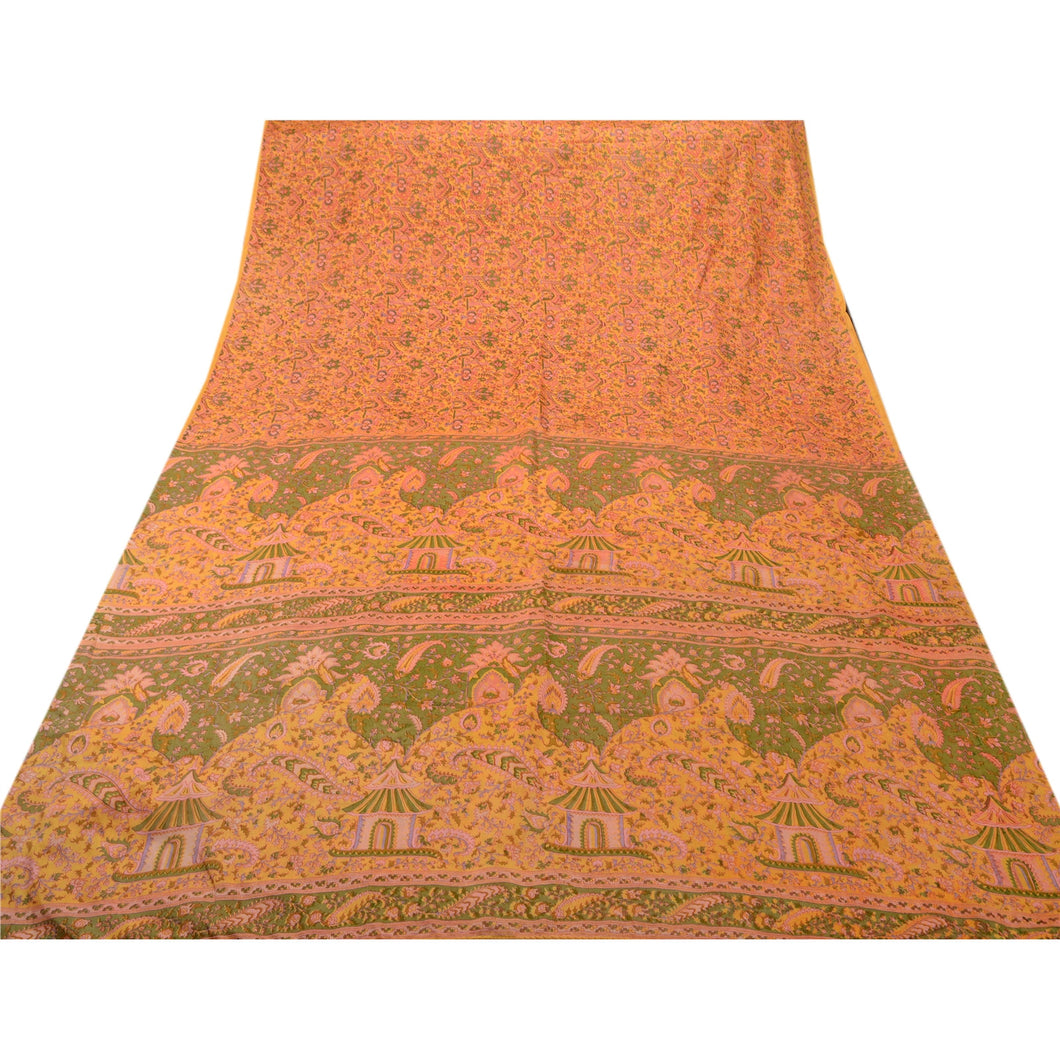 Sanskriti Vintage Antique Vintage Indian Art Silk Saree Yellow Printed Sari Craft Decor Fabric
