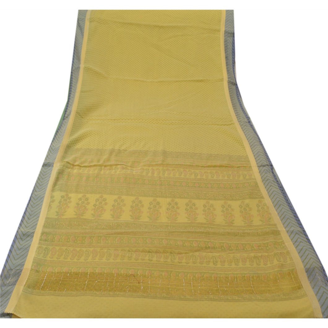 Sanskriti Vintage Cotton Saree Green Floral Printed Sari Craft 5 Yard Fabric