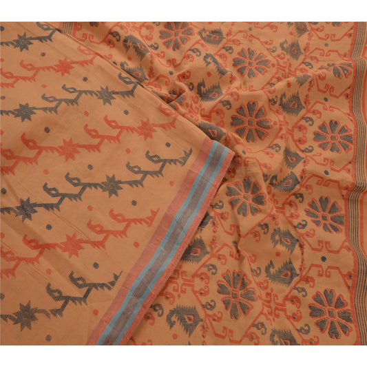 Sanskriti Vintage Cotton Saree Brown Printed Sari Craft 5 Yard Floral Sustainable Fabric