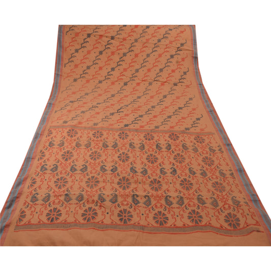 Sanskriti Vintage Cotton Saree Brown Printed Sari Craft 5 Yard Floral Sustainable Fabric