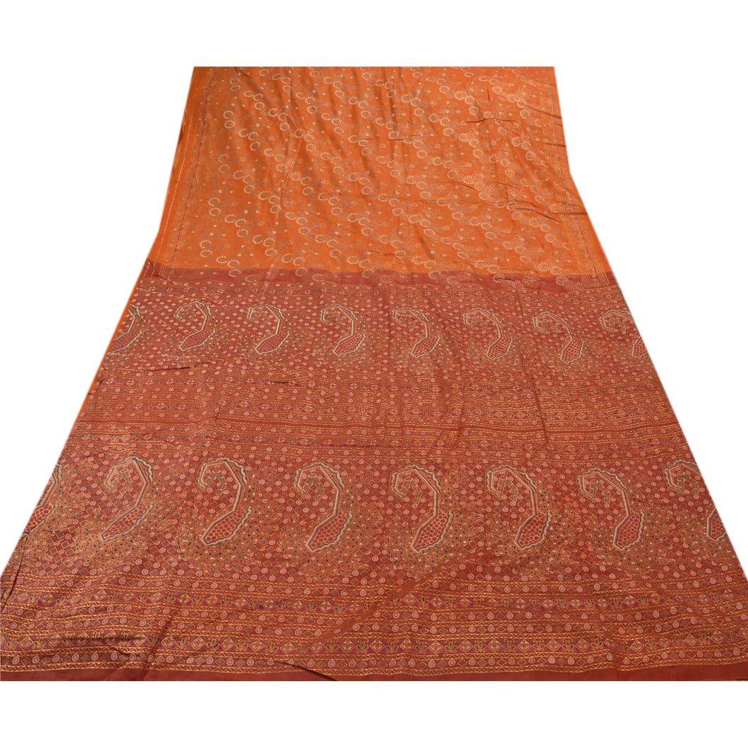 Sanskriti Vintage 100% Pure Cotton Saree Orange Painted Sari Craft 5 Yard Fabric