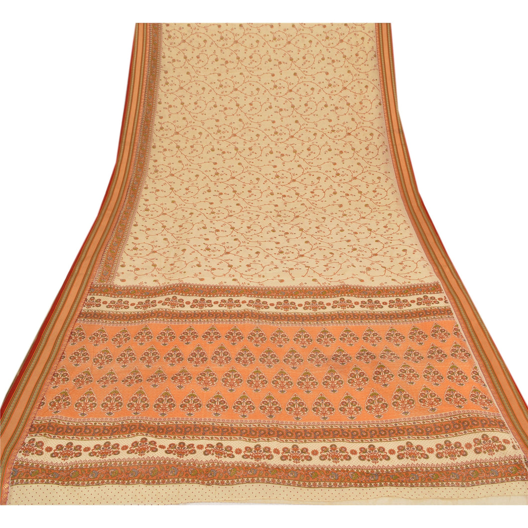 Sanskriti Vintage Cotton Saree Cream Floral Printed Sari Craft 5 Yard Fabric