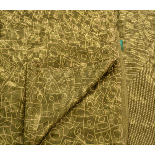 Sanskriti Vintage Kina Silke Sari Grøn Trykt Sari Håndværk Blødt Silkeagtigt Bæredygtigt Stof