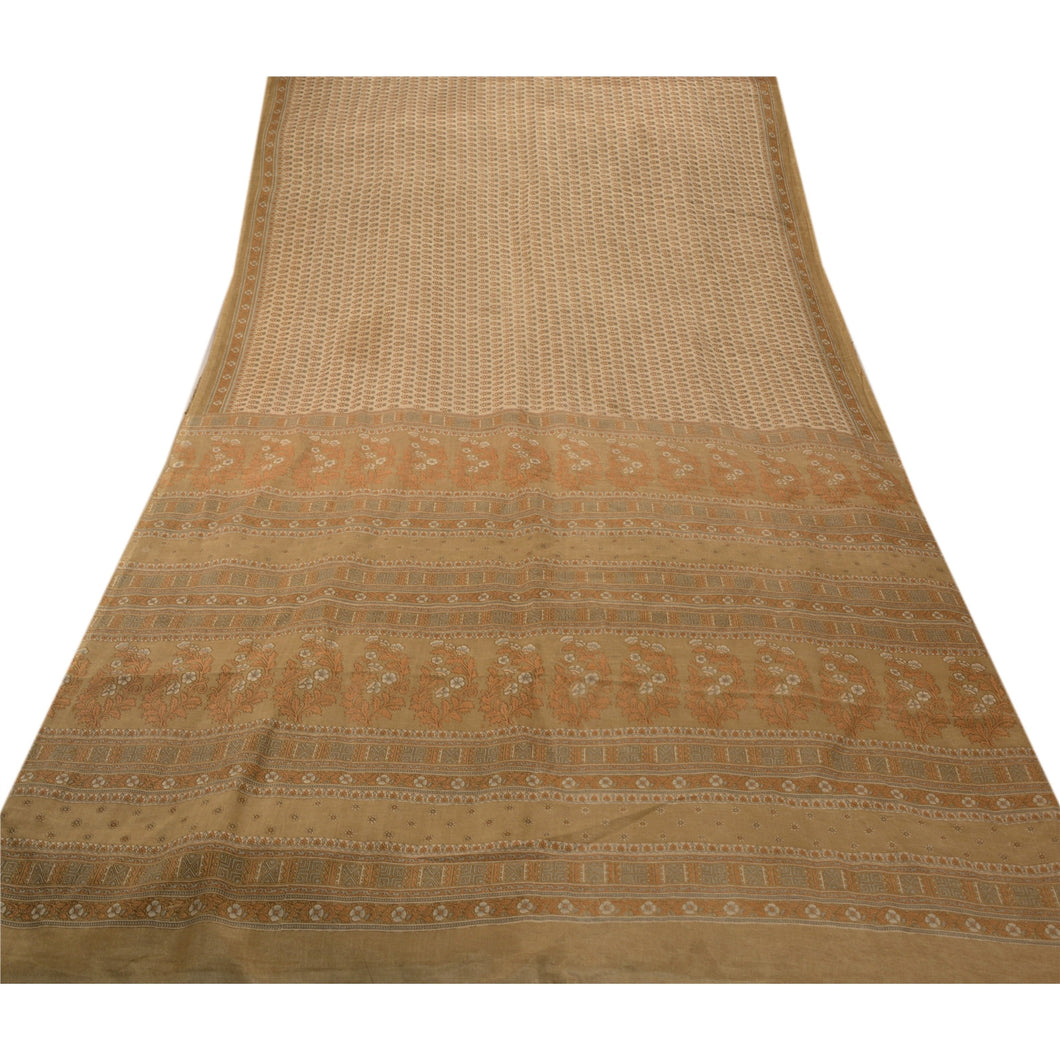 Sanskriti Vintage Art Silk Saree Cream Printed Sari Craft 5 Yard Decor Fabric