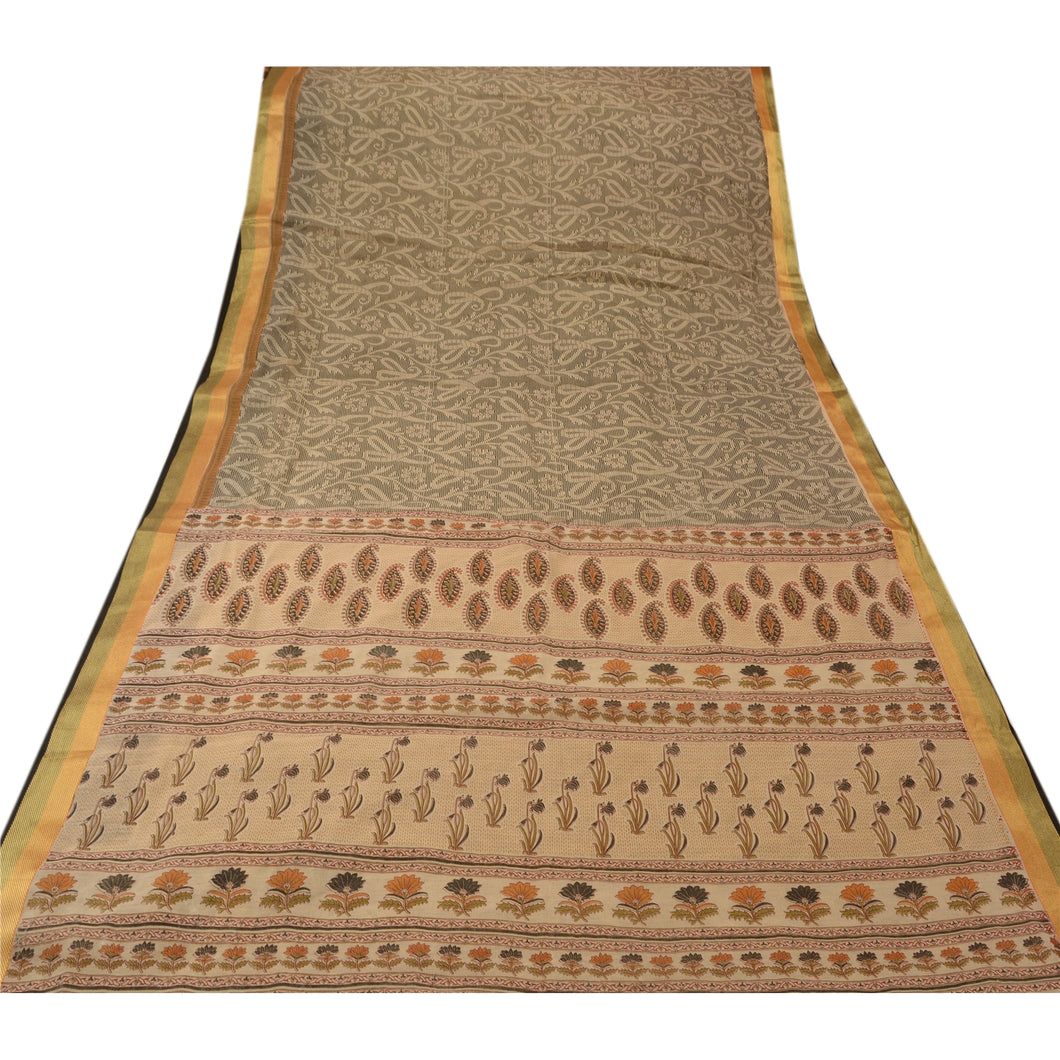 Sanskriti Vintage Indian Cotton Saree Cream Paisley Printed Sari Craft Fabric