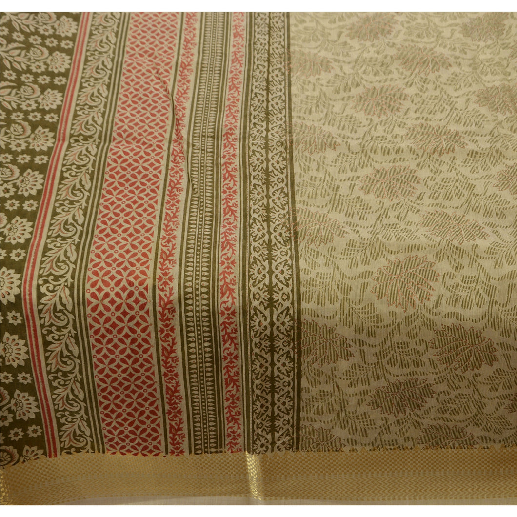Sanskriti Vintage Painted Saree Cotton Craft Green Fabric Golden Border 5 Yard Sari