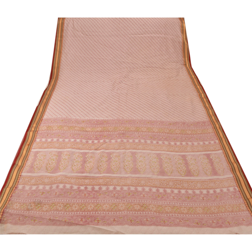 Sanskriti Vintage Cotton Saree Cream Printed Sari Craft 5 Yard Decor Fabric