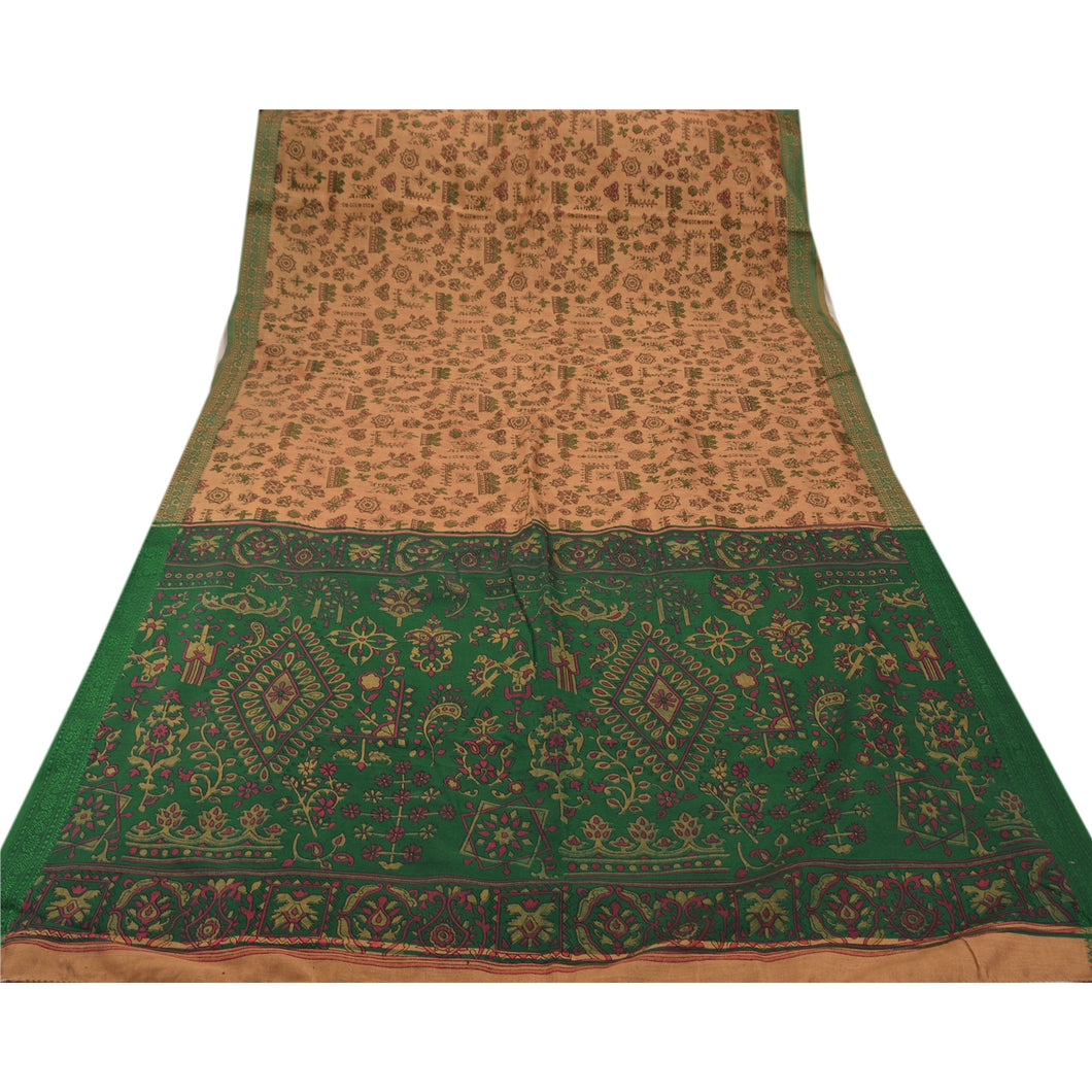 Sanskriti Vintage Art Silk Saree Brown Floral Painted Sari Craft 5 Yard Fabric
