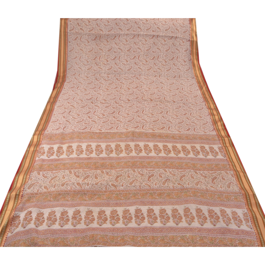 Sanskriti Vintage Indian Cotton Saree Cream Printed Sari Craft 5 Yard Fabric