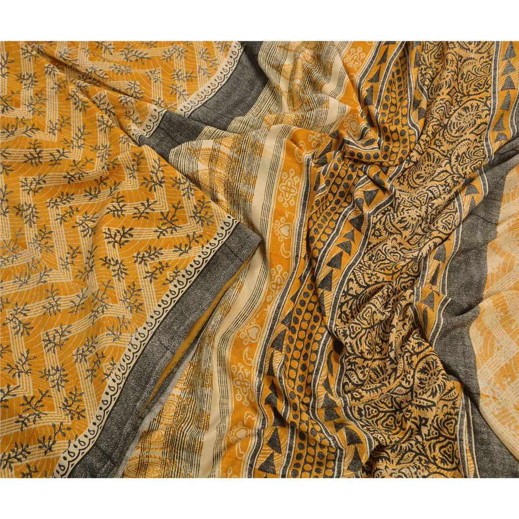 Sanskriti Vintage Art Silk Saree Yellow Printed Sari Craft 5 Yard Decor Fabric