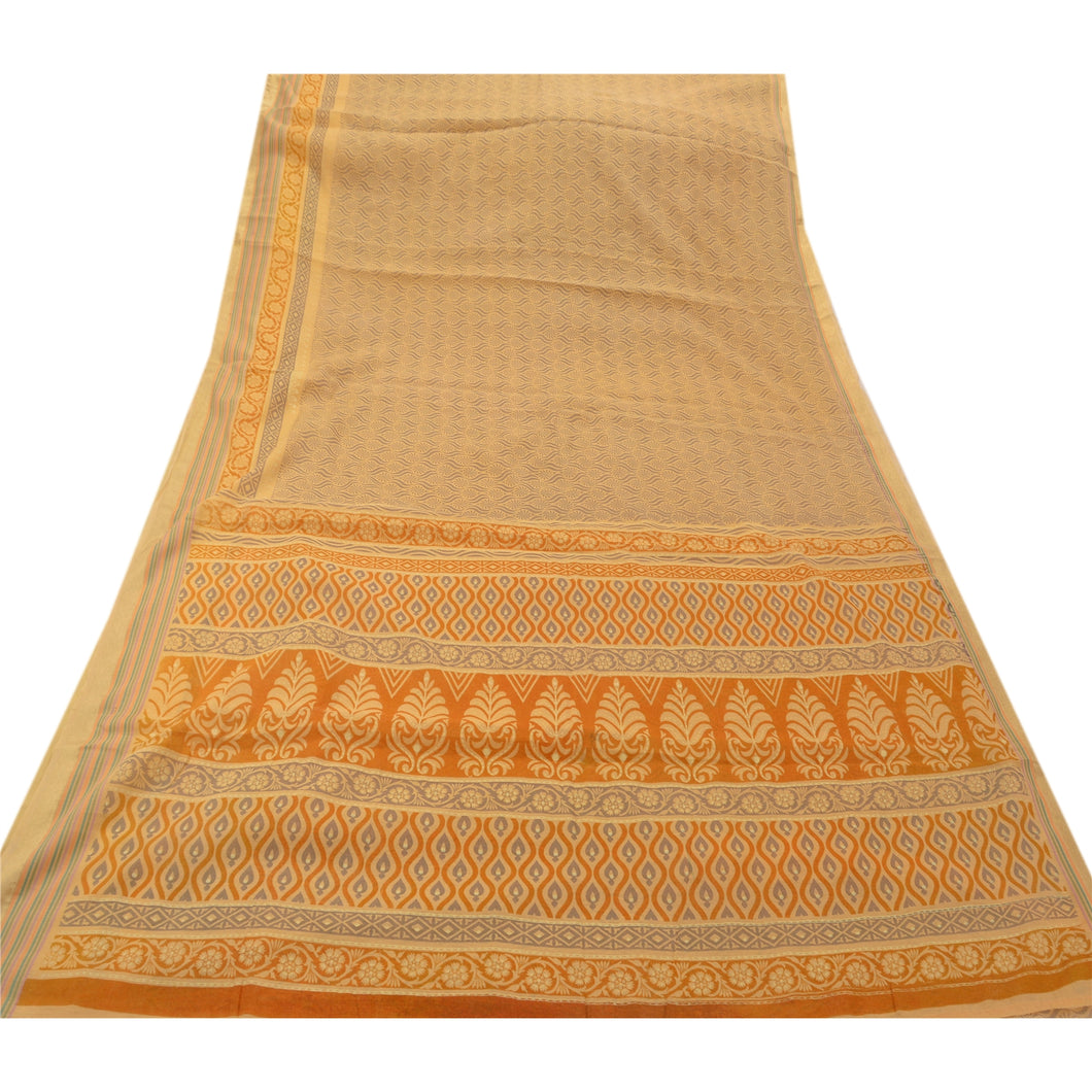Sanskriti Vintage Indian Cotton Blend Saree Cream Printed Sari Craft Fabric