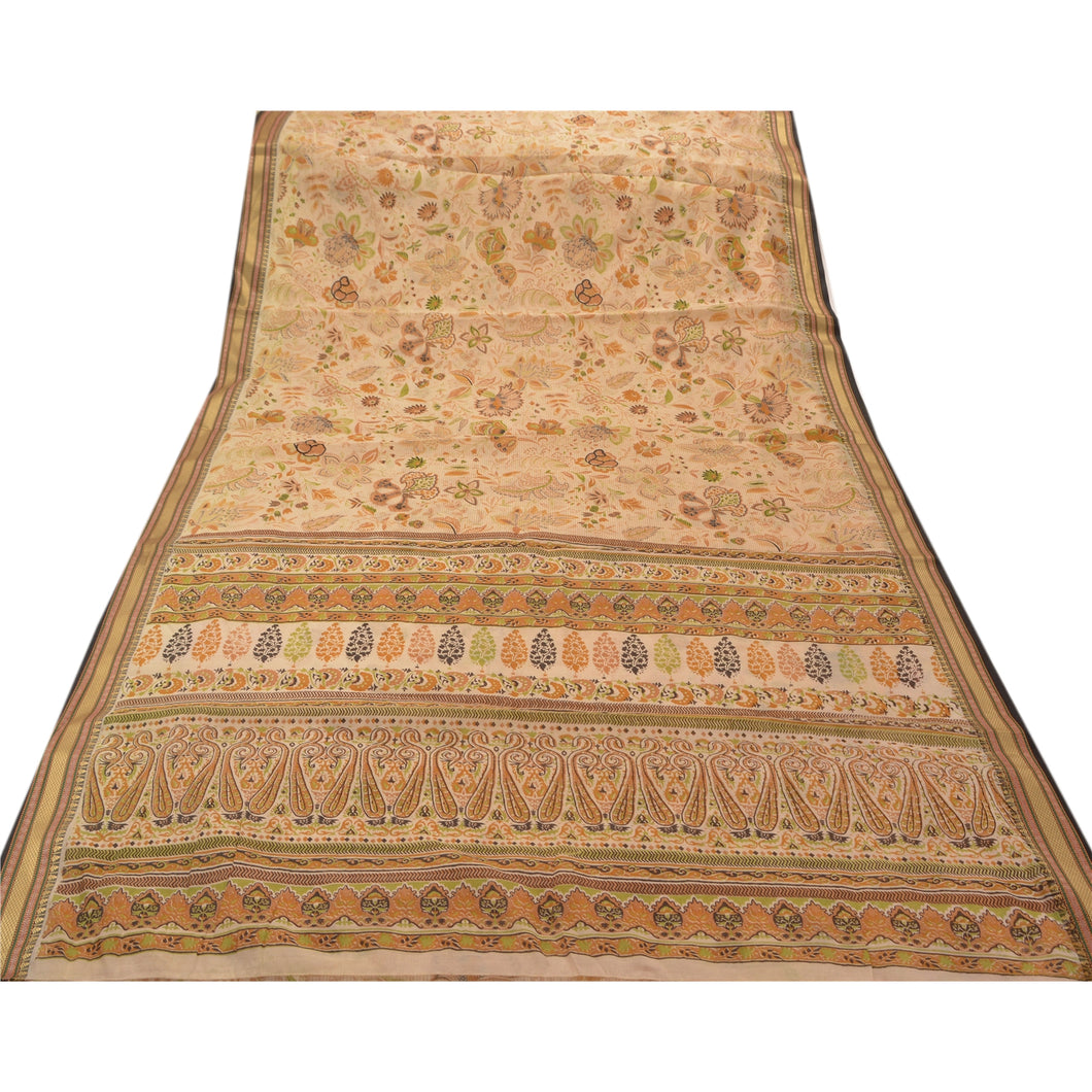 Sanskriti Vintage Cotton Saree Cream Printed Sari Craft 5 Yard Floral Fabric