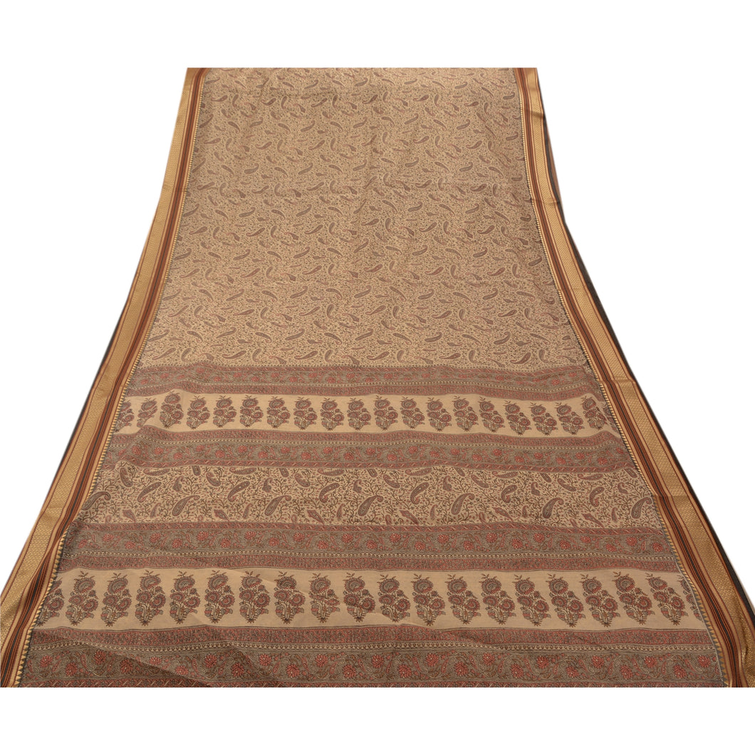 Sanskriti Vintage Cotton Saree Cream Printed Sari Craft Decor 5 Yard Fabric