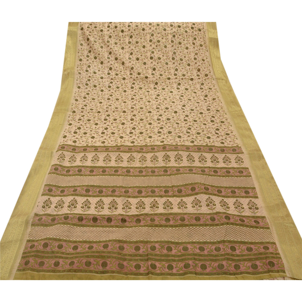 Sanskriti Vintage Printed Saree Cotton Craft Cream Fabric Zari Border Sari