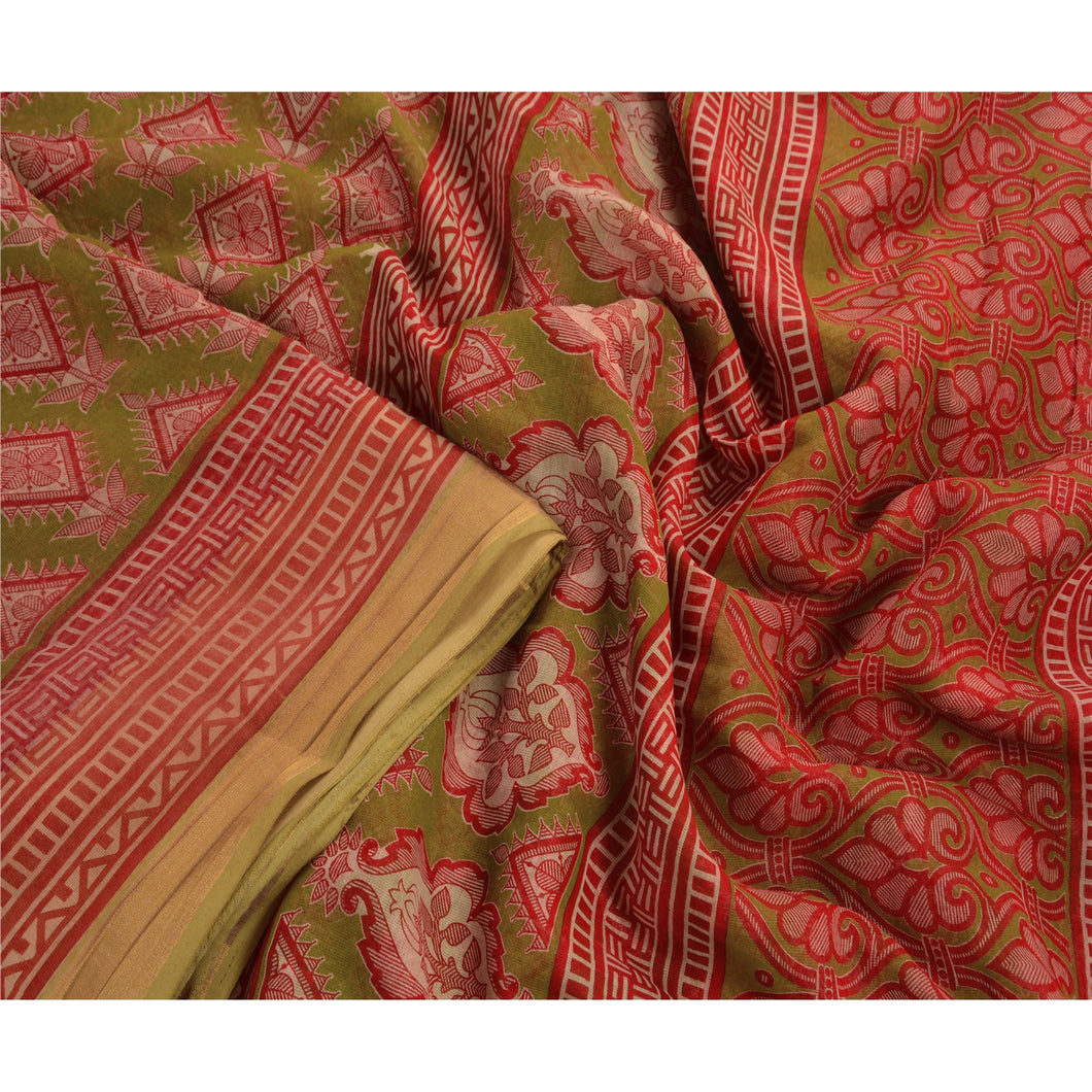 Sanskriti Vintage Indian Art Silk Saree Green Printed Sari Craft Decor Fabric