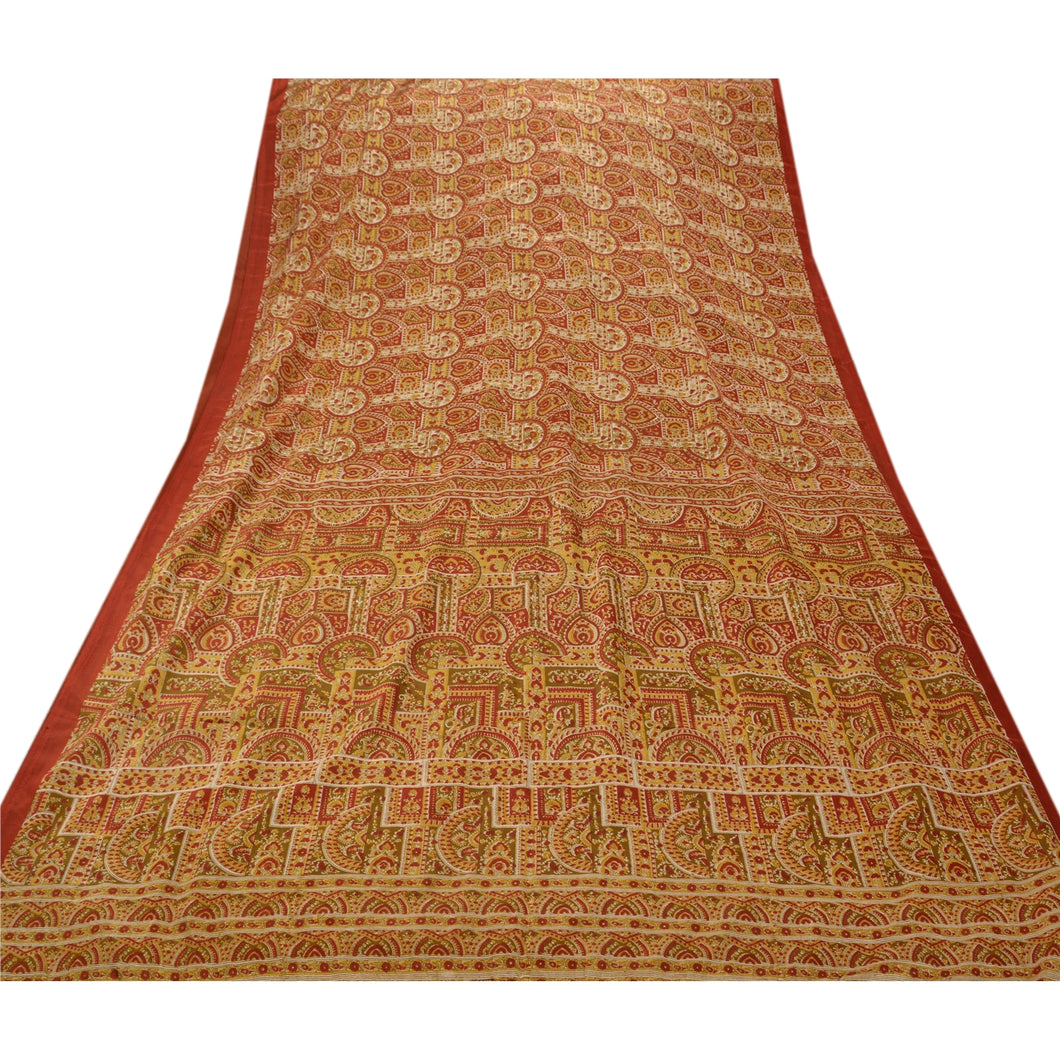 Antique Vintage Art Silk Saree Orange Floral Printed Sari Craft 5 Yard Fabric