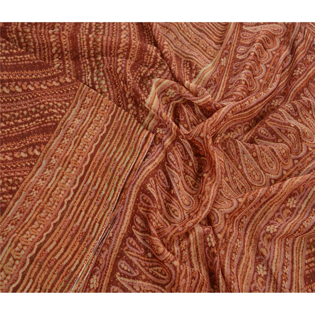 Art Silk Saree Brown Floral Printed Sari Craft 5 Yard Fabric