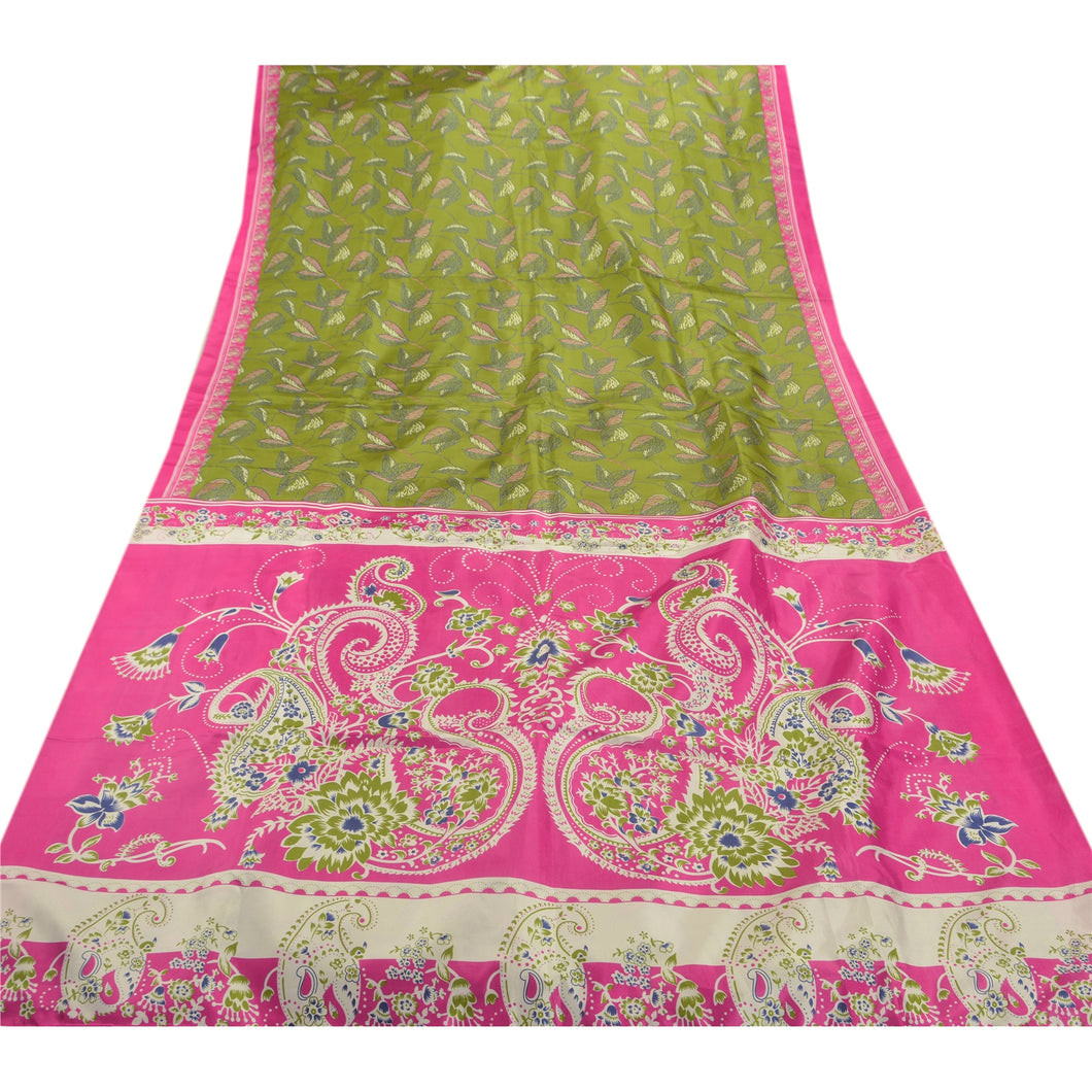 Sanskriti Vintage Antique Vintage Art Silk Saree Green Printed Paisley Sari Craft Soft Fabric