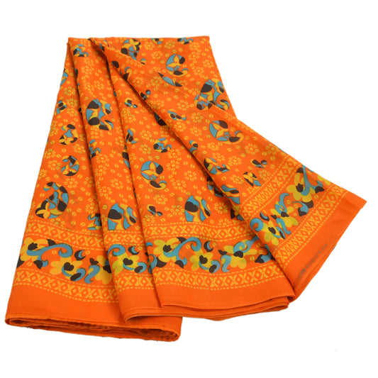Sanskriti Vintage Art Silk Saree Orange Printed Sari Craft 5 Yard Soft Sustainable Fabric