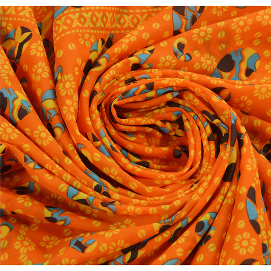 Sanskriti Vintage Art Silk Saree Orange Printed Sari Craft 5 Yard Soft Sustainable Fabric