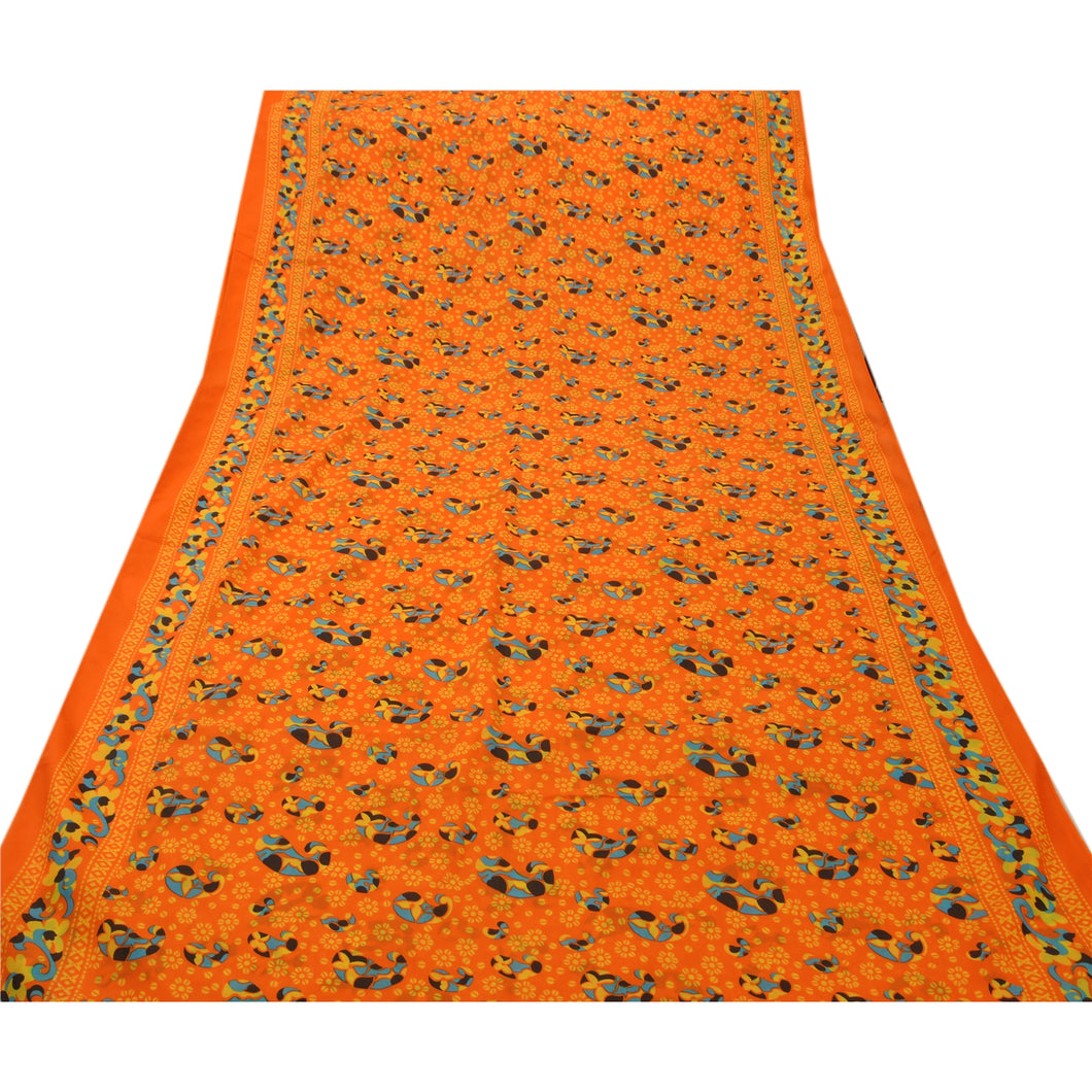 Antique Vintage Art Silk Saree Orange Printed Sari Craft 5 Yard Soft Fabric