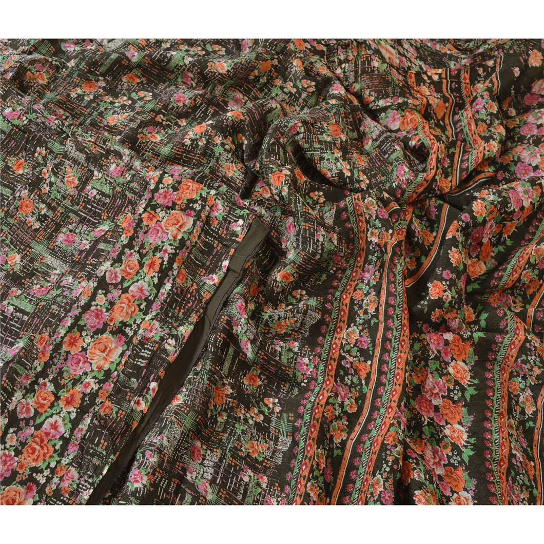 Sanskriti Vintage Blend Silk Saree Black Printed Sari Craft 5 Yard Decor Fabric
