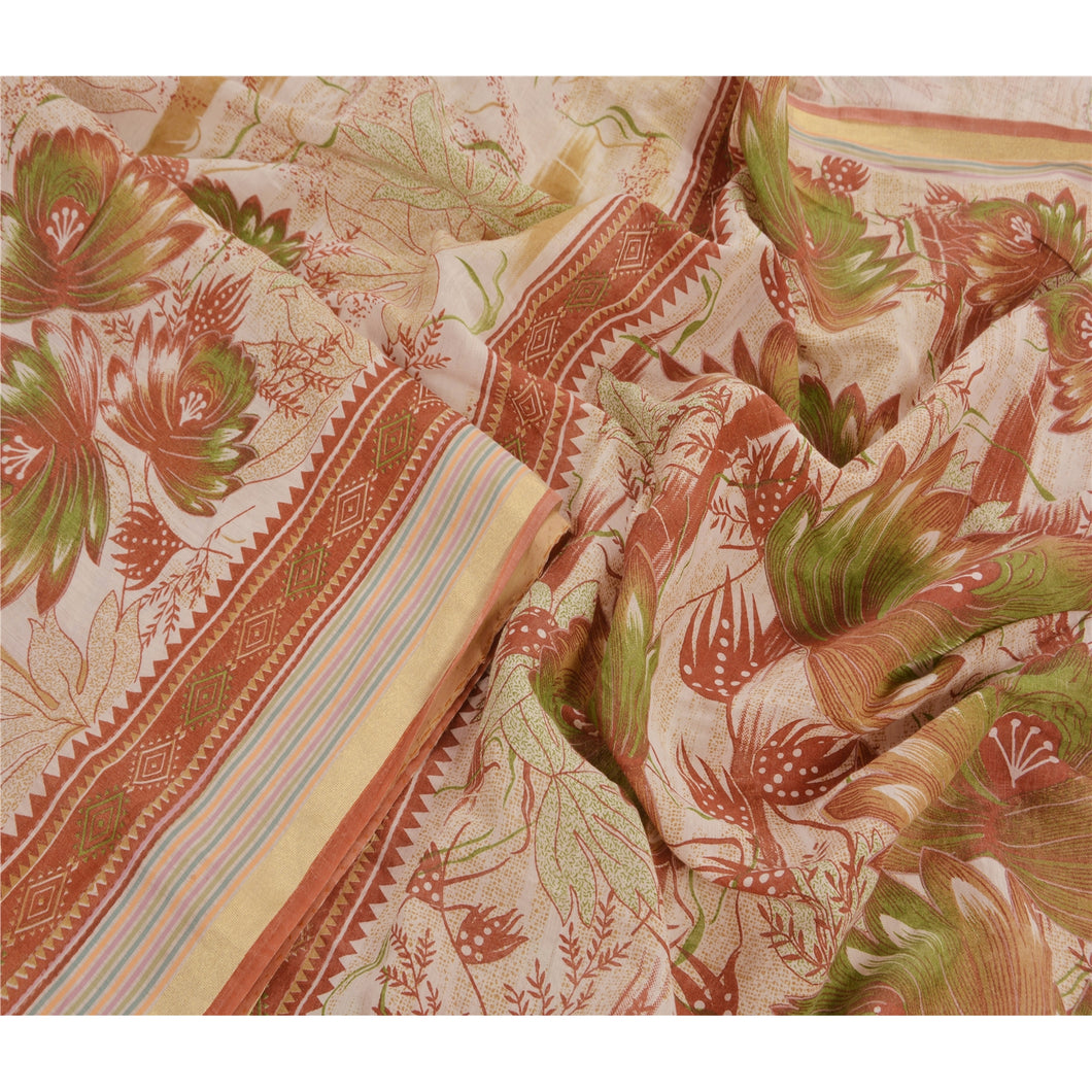 Cotton Saree Cream Floral Printed Sari Craft Decor Fabric