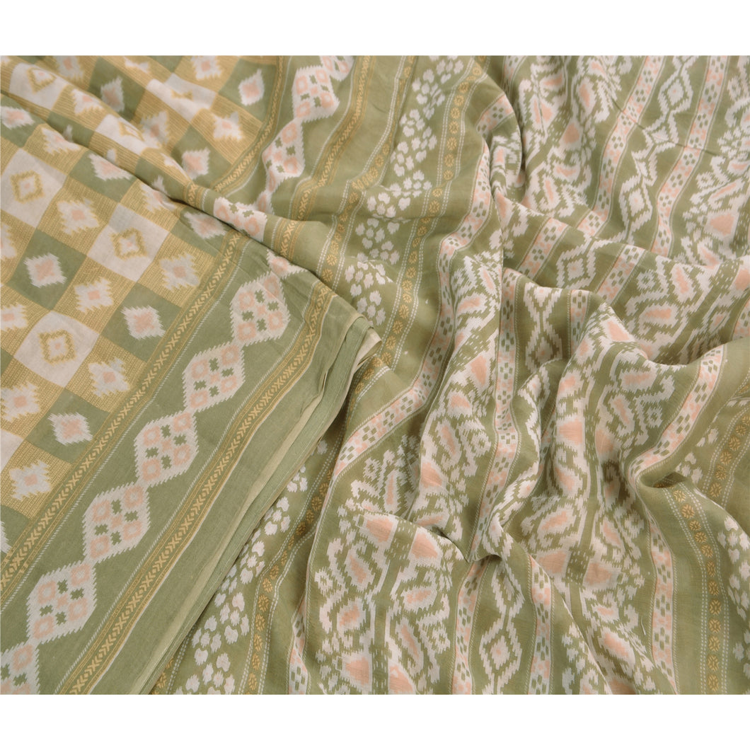 Sanskriti Vintage 100% Pure Cotton Saree Green Printed Sari Craft 5 Yard Fabric