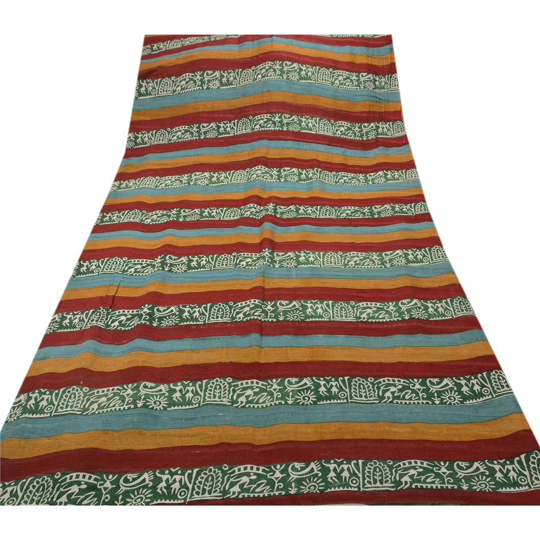 Vintage Printed Warli Art Ethnic Saree Pure Silk  Craft Fabric Multi Color Sari.