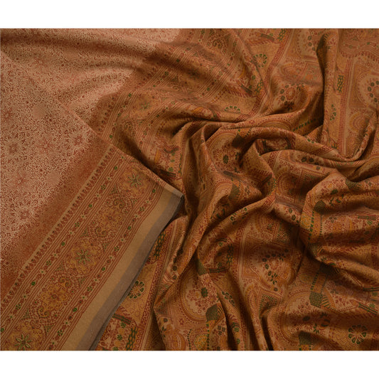 Sanskriti Vintage Indian Art Silk Saree Brown Floral Printed Sari Craft Sustainable Fabric