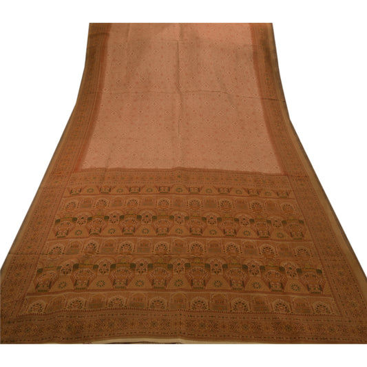 Sanskriti Vintage Indian Art Silk Saree Brown Floral Printed Sari Craft Sustainable Fabric
