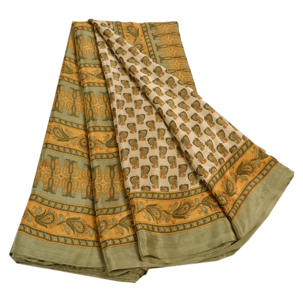 Sanskriti Antique Vintage Art Silk Saree Cream Printed Sari Craft 5 Yard Fabric
