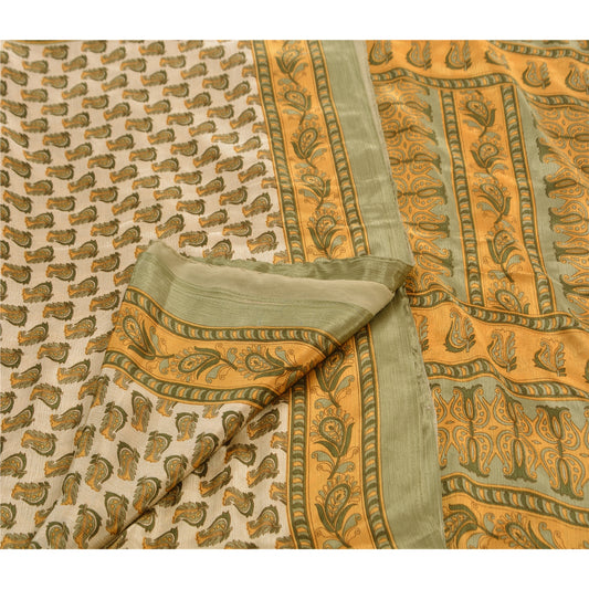 Sanskriti Vintage Antique Art Silk Saree Cream Printed Sari Craft 5 Yard Sustainable Fabric