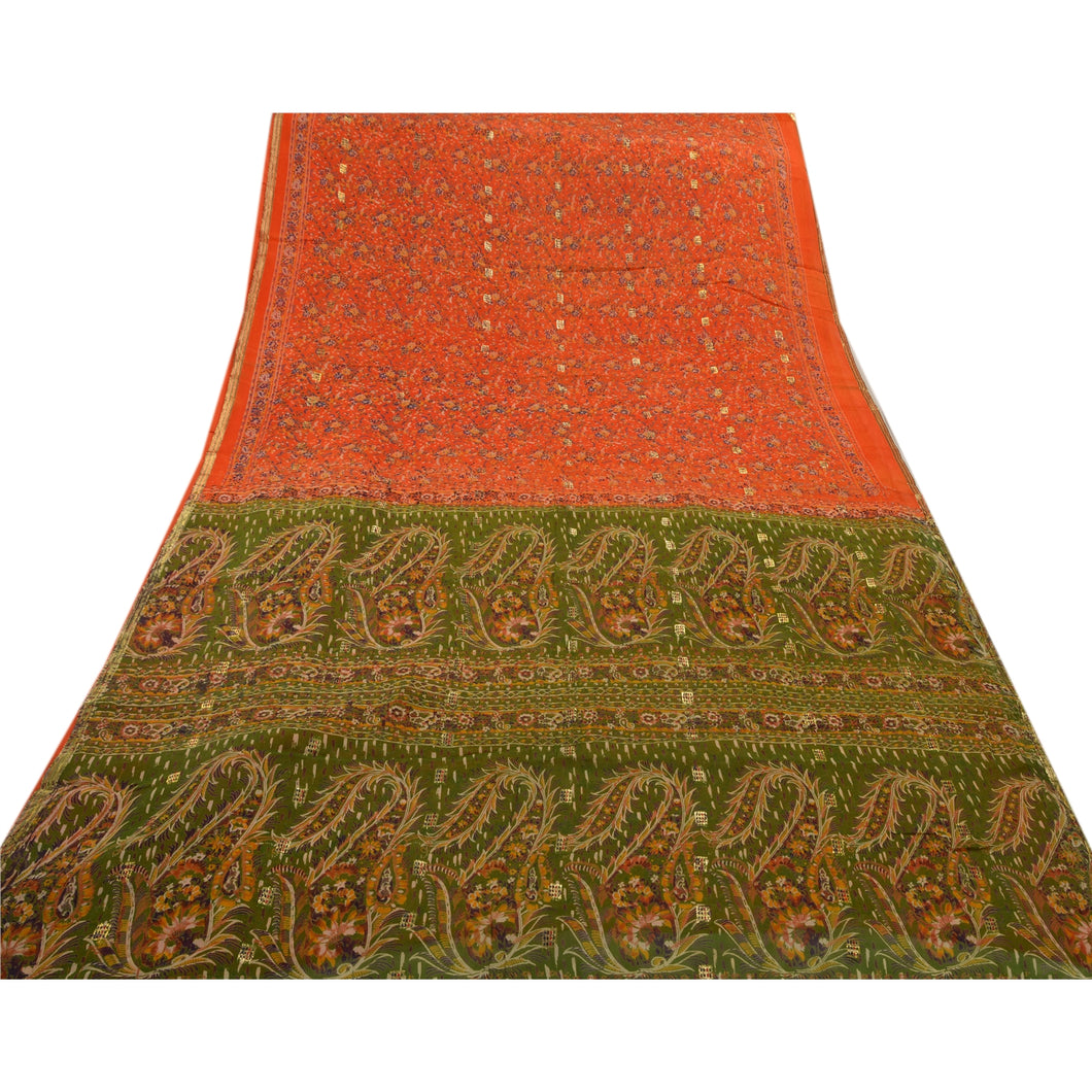 Sanskriti Antique Vintage Blend Silk Saree Orange Printed Sari Craft 5 Yd Fabric