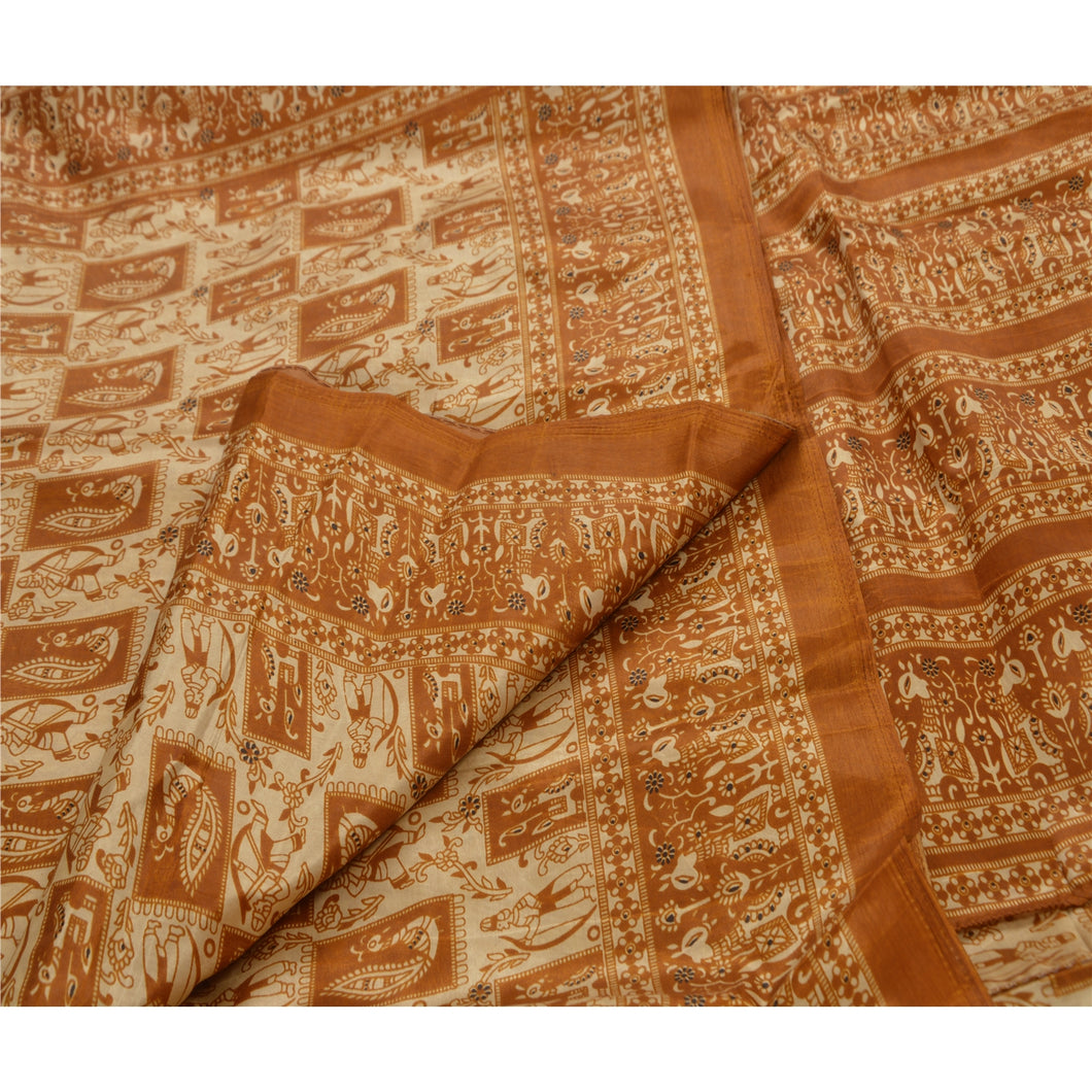 Sanskriti Vintage Art Silk Saree Printed Sari Craft Cream Decor Fabric