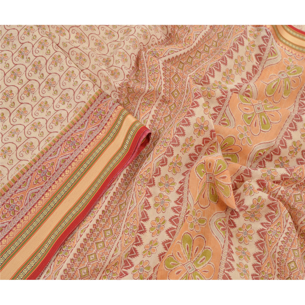 Indian Cotton Saree Cream Printed Sari Craft 5 Yard Fabric