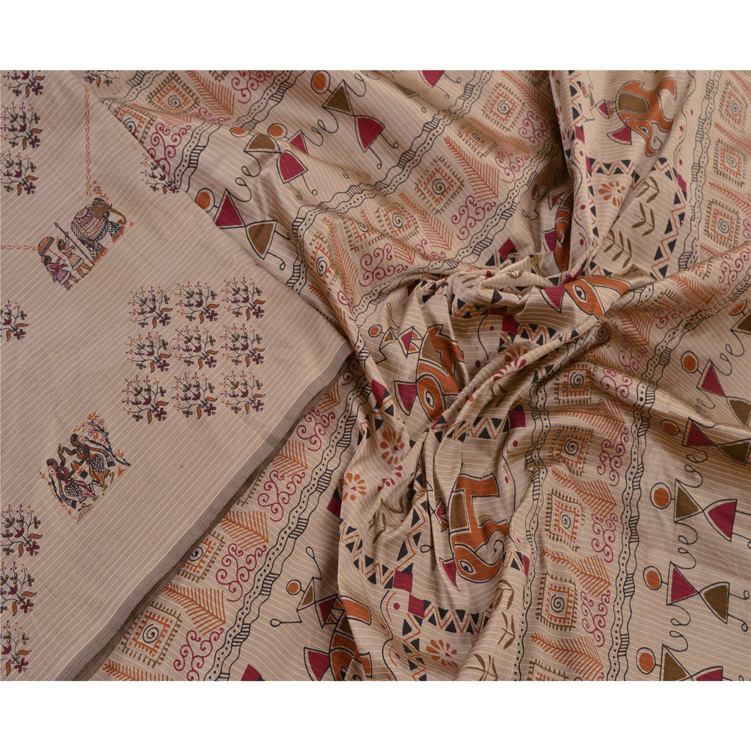 Sanskriti Vintage Art Silk Warli Saree Grey Block Printed Sari Craft 5 Yd Fabric