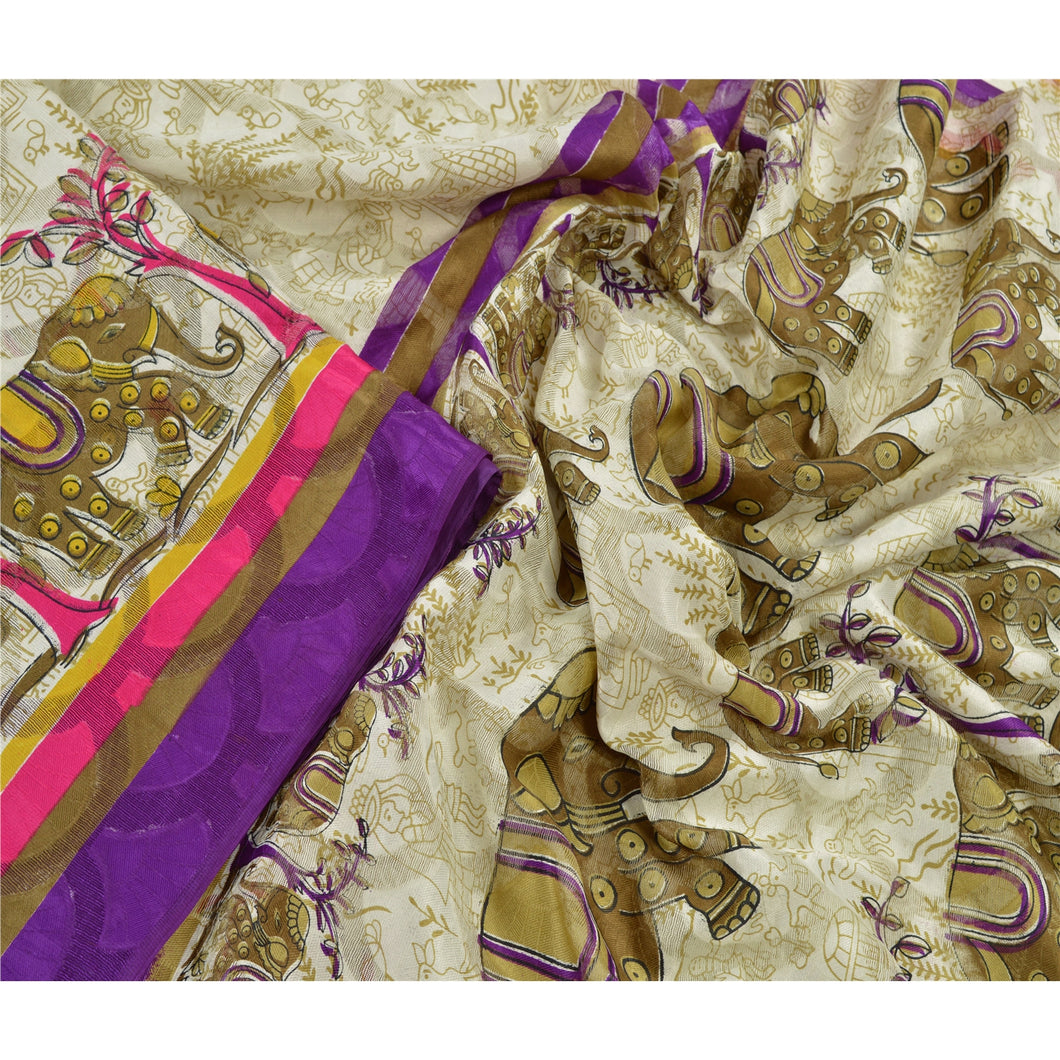 Indian Art Silk Cream Saree Painted Sari Craft Decor Fabric