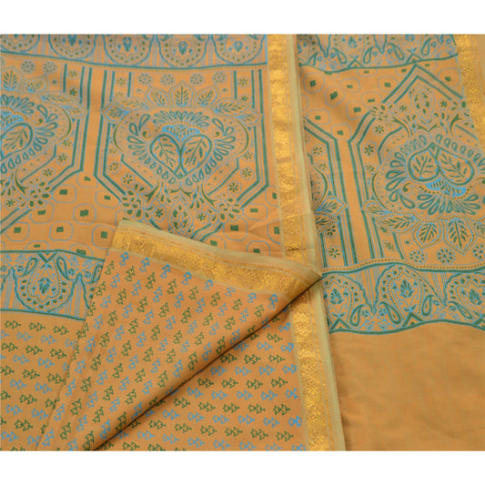 Sanskriti Vintage Saffron Saree Indian Printed Art Silk Craft Sustainable Fabric Zari Border Sari