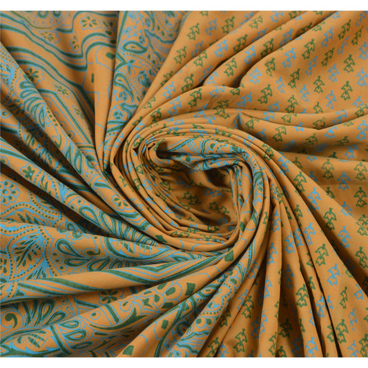 Sanskriti Vintage Saffron Saree Indian Printed Art Silk Craft Sustainable Fabric Zari Border Sari