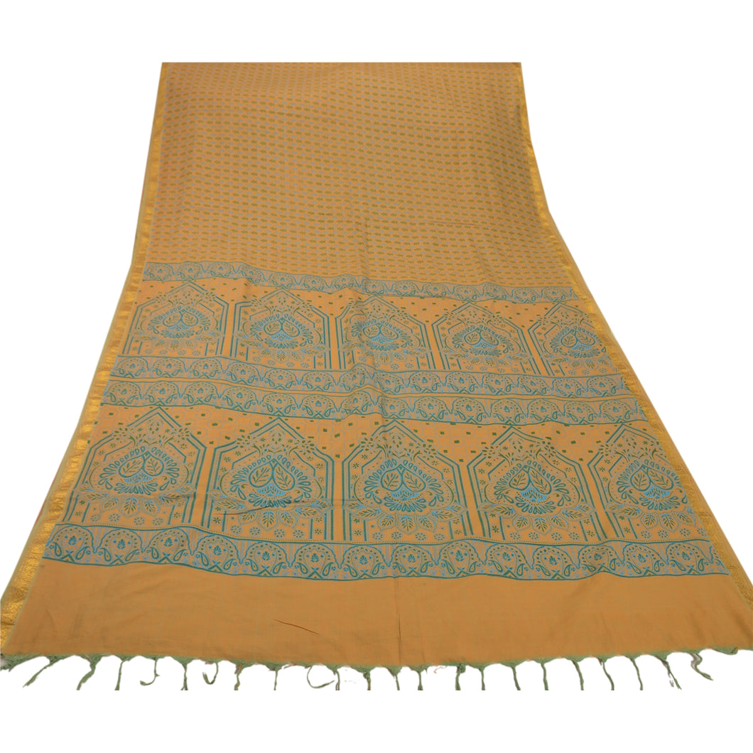 Vintage Saffron Saree Indian Printed Art Silk Craft Fabric Zari Border Sari