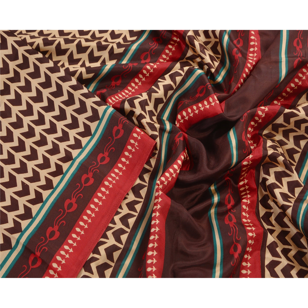 Brown Saree Art Silk Printed Craft Fabric Indian Decor Sari