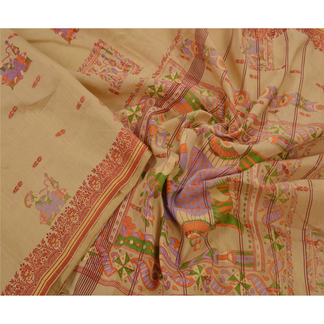 Cream Saree Cotton Painted Craft Decor Sari 5 Yard Soft Fabric